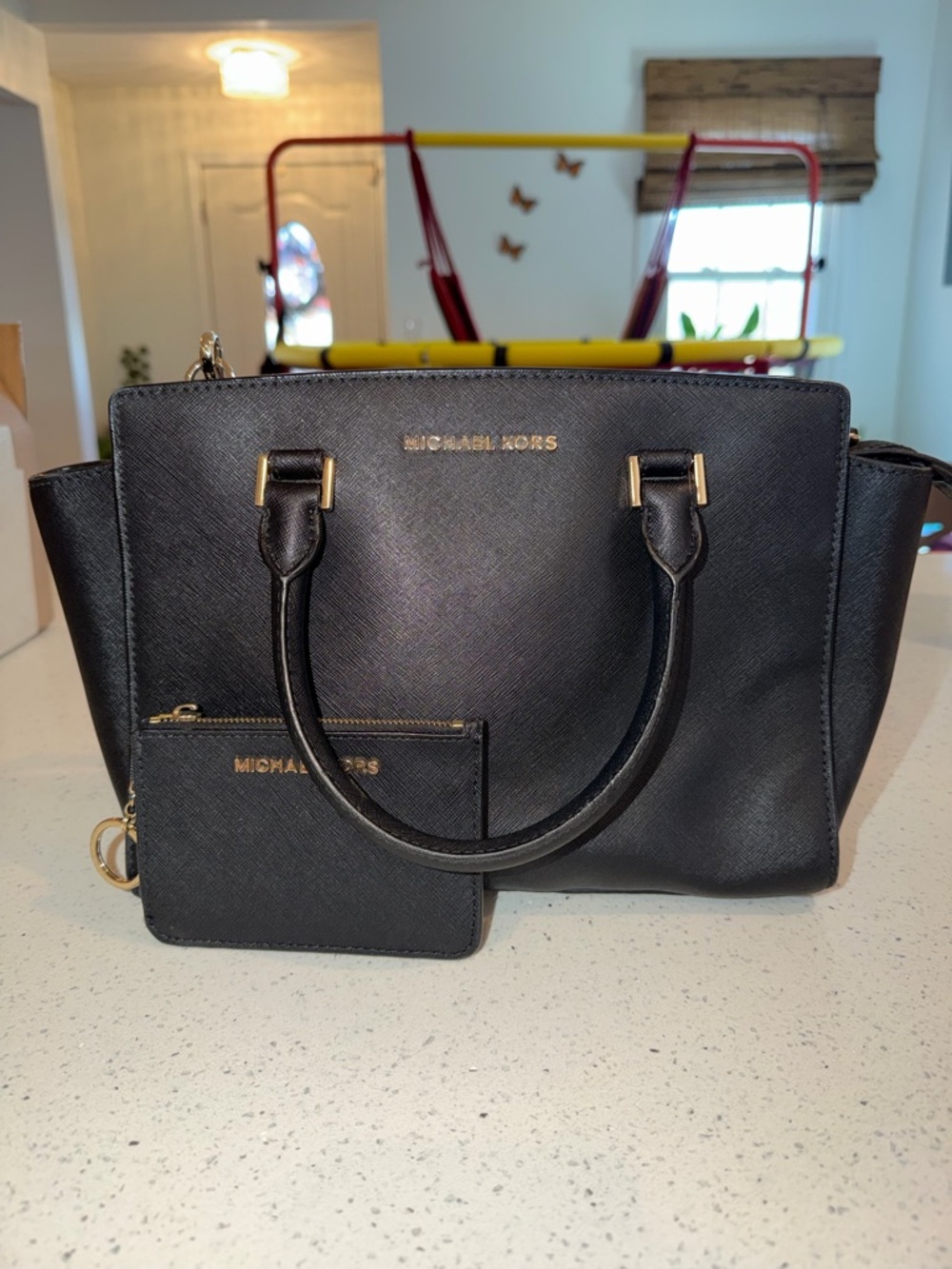 Michael Kors Black Saffiano Leather Satchel with Gold Hardware and Pouch